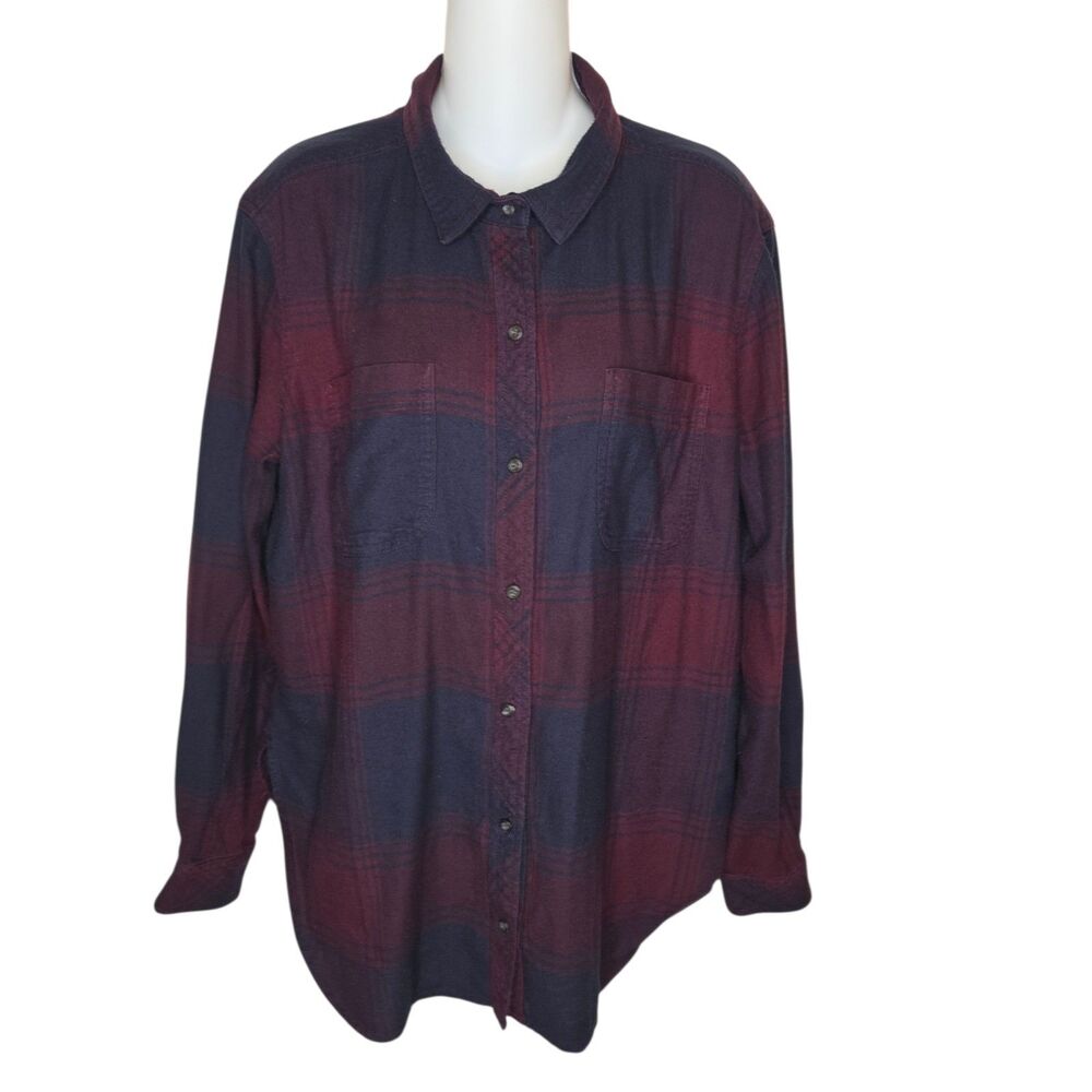 Athleta Eastbound Blackened Burgundy Plaid Herringbone Flannel Shirt - Size L
